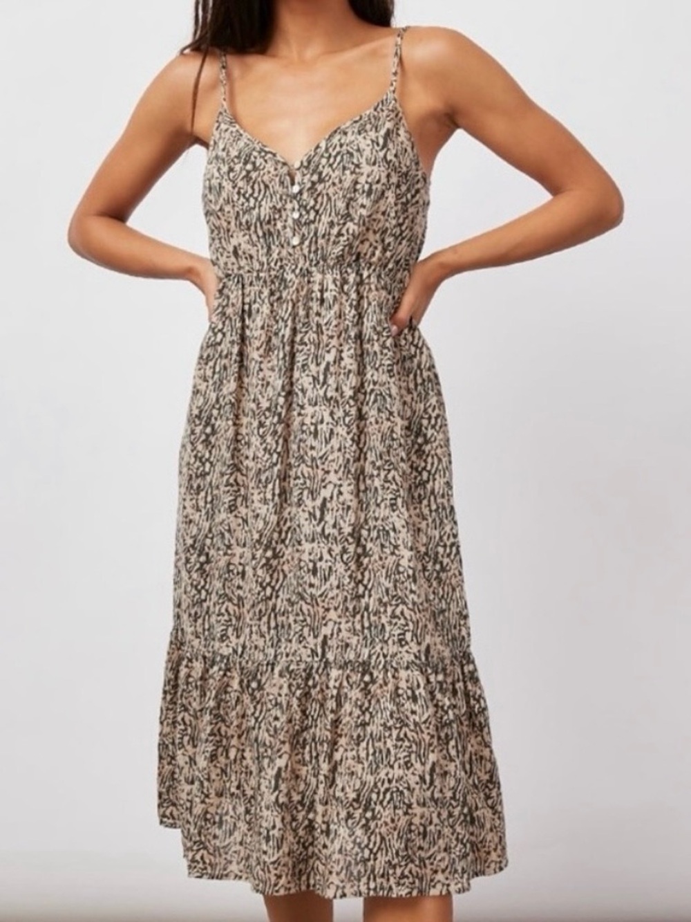 Rails Brown Animal Safari Tiered Linen Midi Dress Women’s Medium Resort Vacay